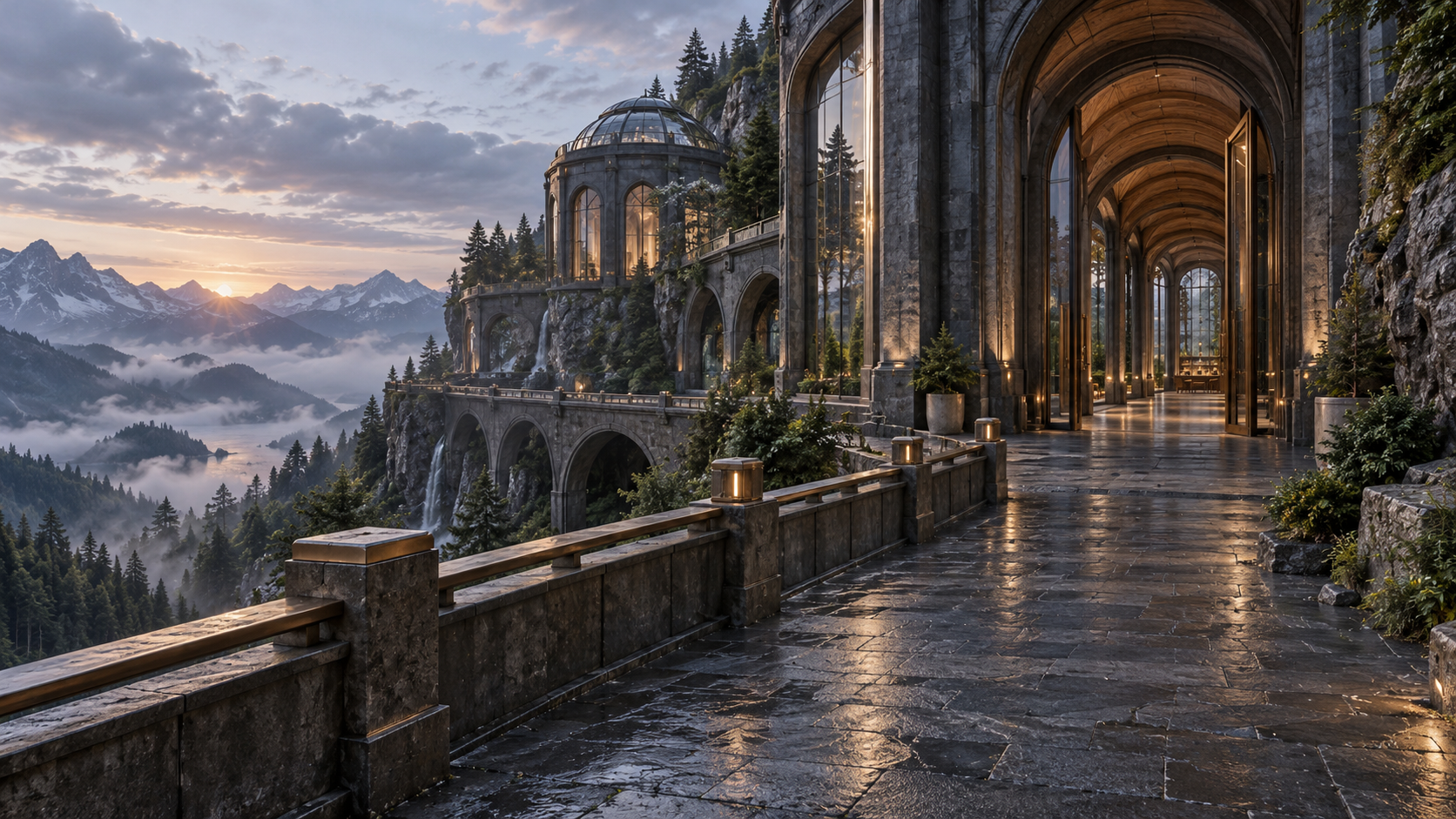 The Dawn Observatory, a stone passage opening onto mountains at sunrise